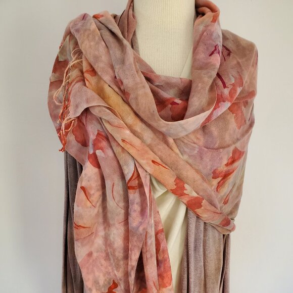 NEW XL merino wool oversized scarf wrap flower painted red pink blue brown gray - Picture 6 of 15
